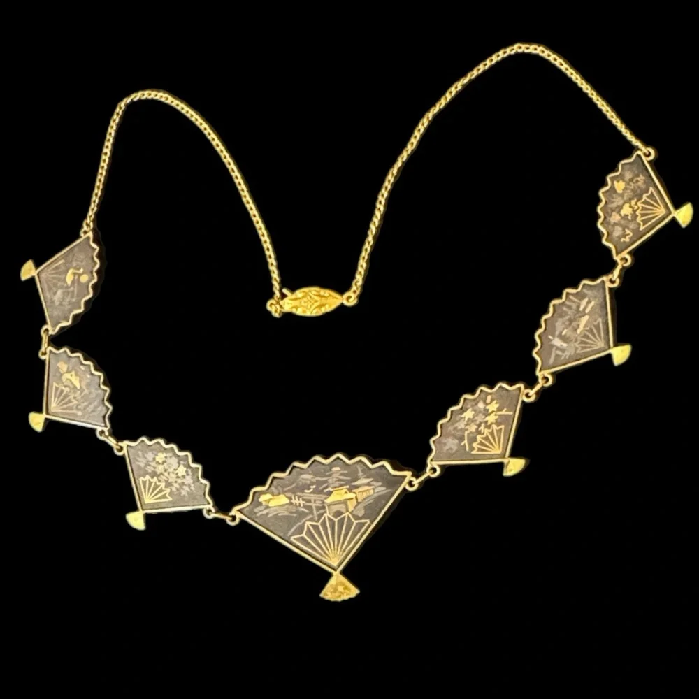 Japanese Amita Damascene fan shaped necklace,